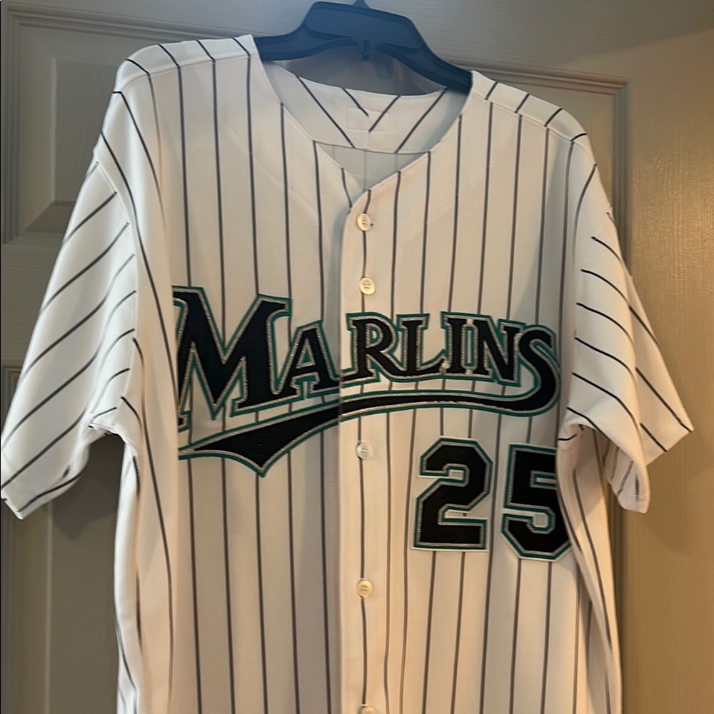 Majestic White and Black Pinstripe Marlins Jersey